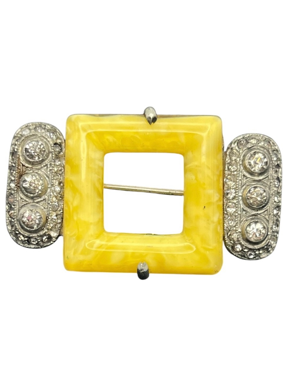 FN Co Fishel Nessler Co Art Deco silver tone yellow square rhinestone brooch pin